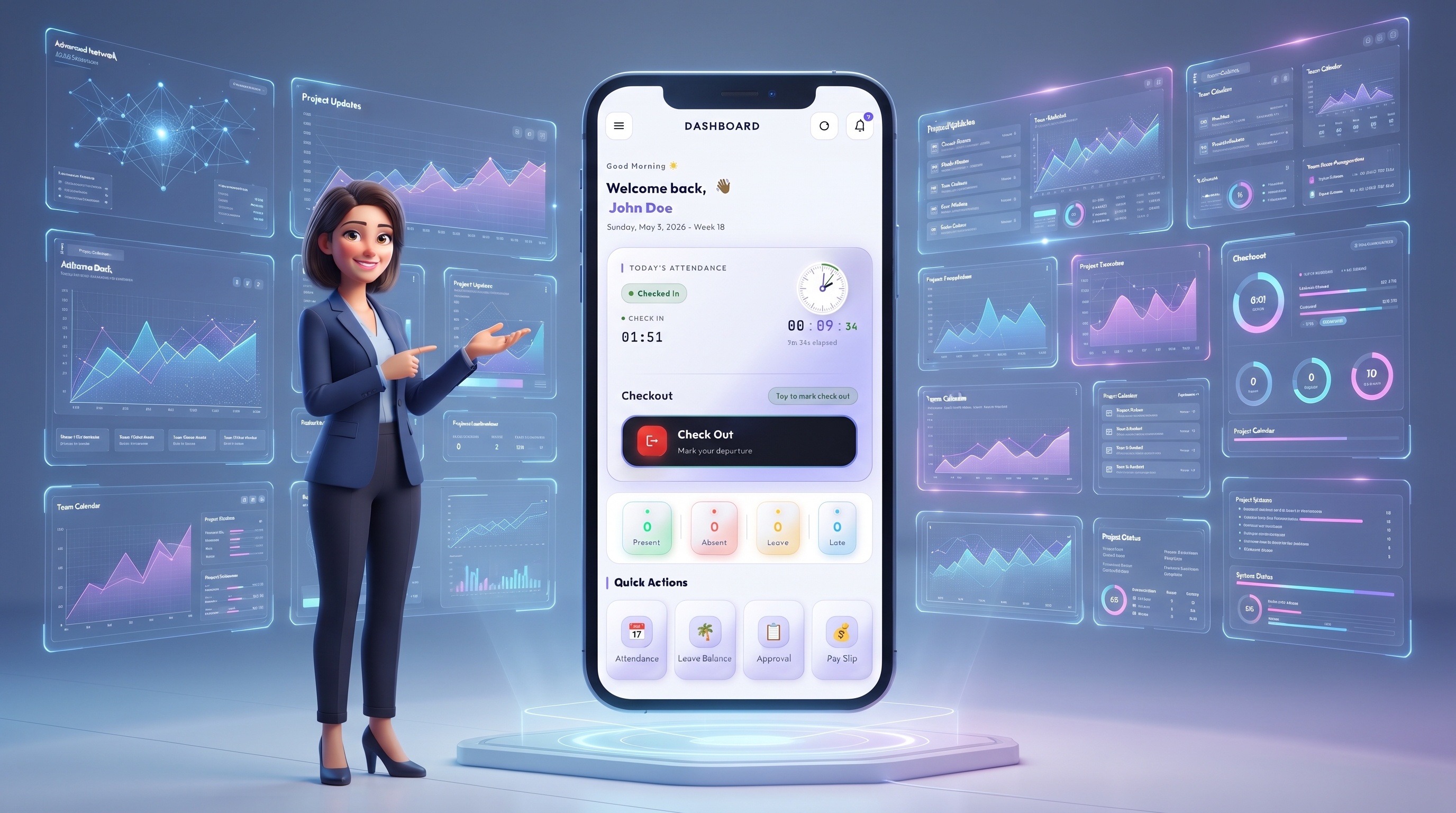 3D Female HR Manager with Smartphone ESS App