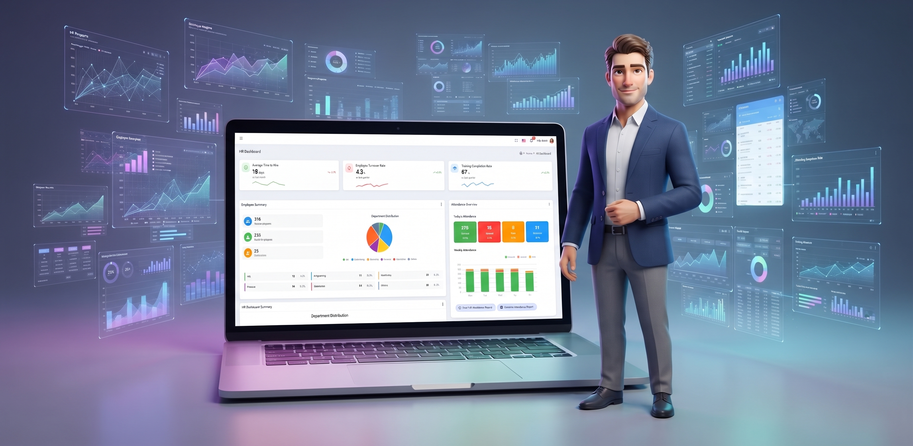 3D Male Executive with Laptop Dashboard